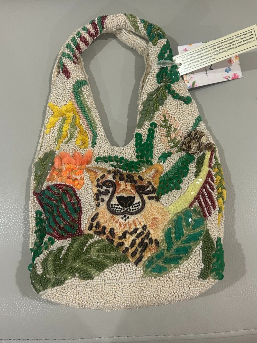 New Release Leopard Cheetah Animal Jungle Beaded Sequin Bag Made in India NWT